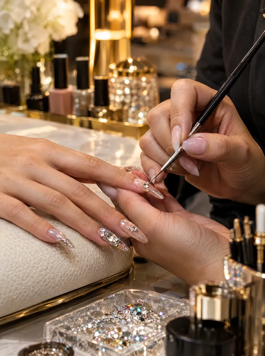 Sfeerbeeld: nail art met een fijn penseel en steentjes
