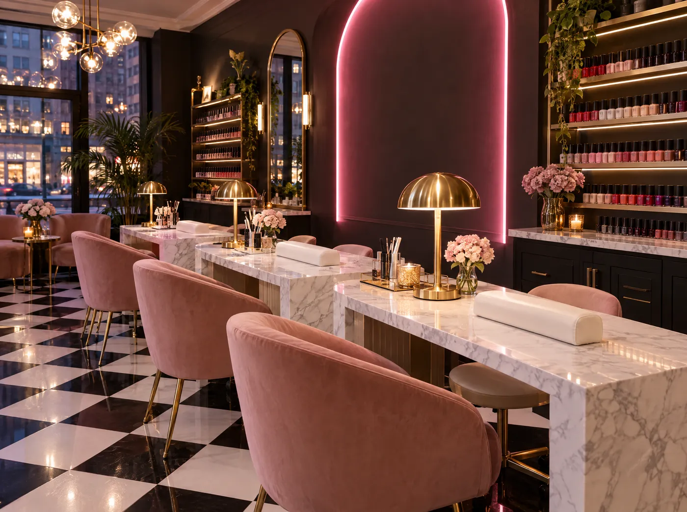 Sfeerbeeld: glamoureuze nagelstudio met marmeren tafels en roze licht